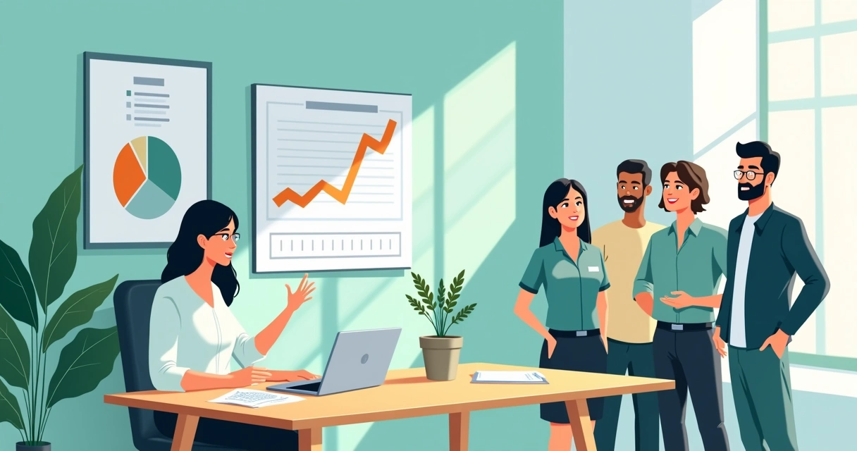 Administradora de condomínios analisando gráficos em um escritório moderno, com equipe ao fundo.