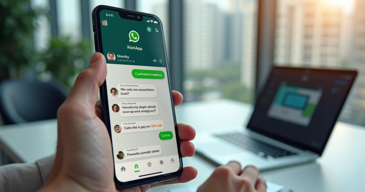 Pessoa usando celular com interface de agendamento de vistoria via WhatsApp com inteligência artificial