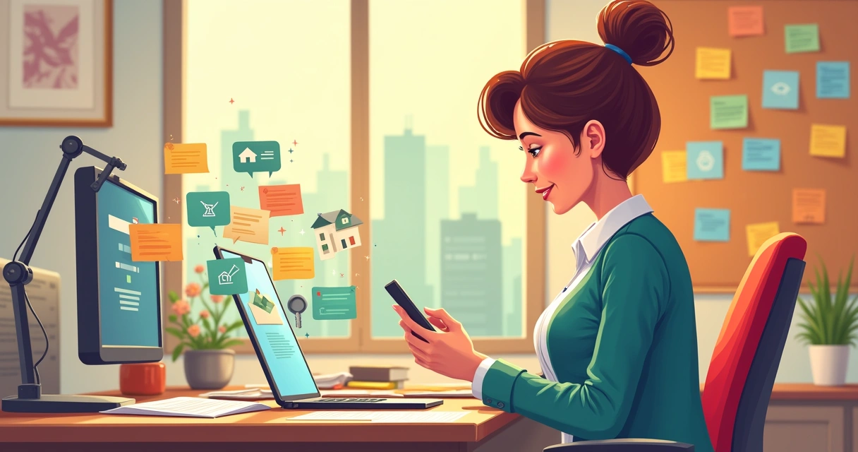 Agente imobiliário usando WhatsApp em escritório moderno, com ícones de imóveis e comunicação.