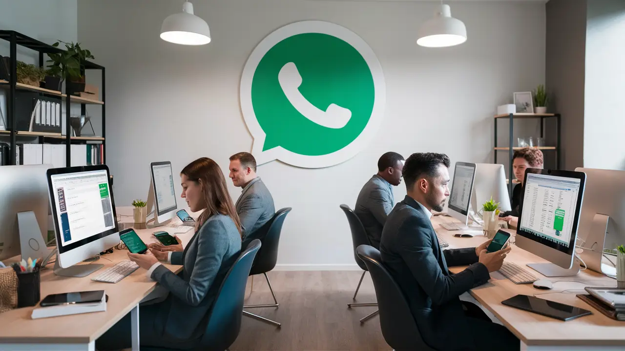 Agentes imobiliários em um escritório moderno usando computadores e smartphones com um grande logo do WhatsApp na parede.