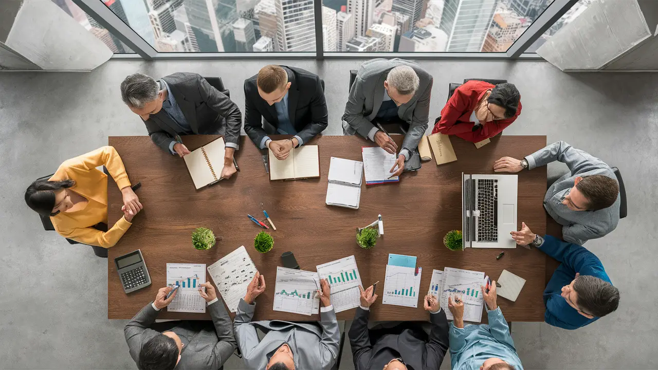 Grupo analisando planilhas financeiras em um escritório moderno com vista para a cidade.
