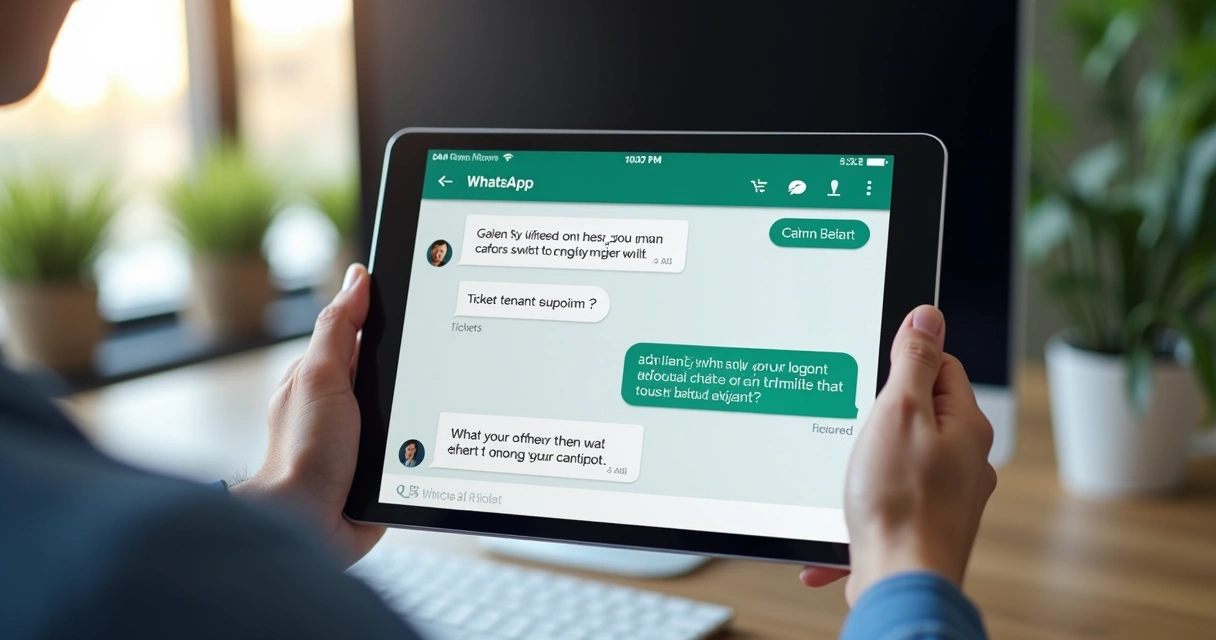 Tablet exibindo chat de assistente virtual no WhatsApp com interface moderna e organizada