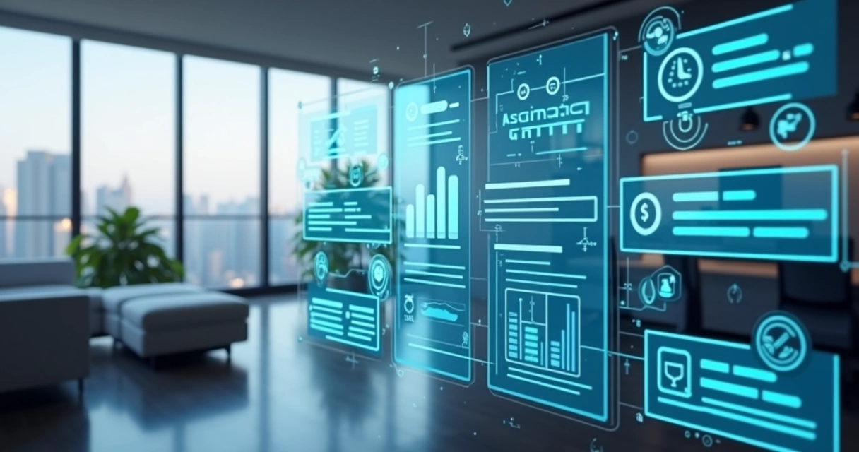 Assistente virtual com interface digital futurista em tela transparente, ambiente de escritório moderno ao fundo