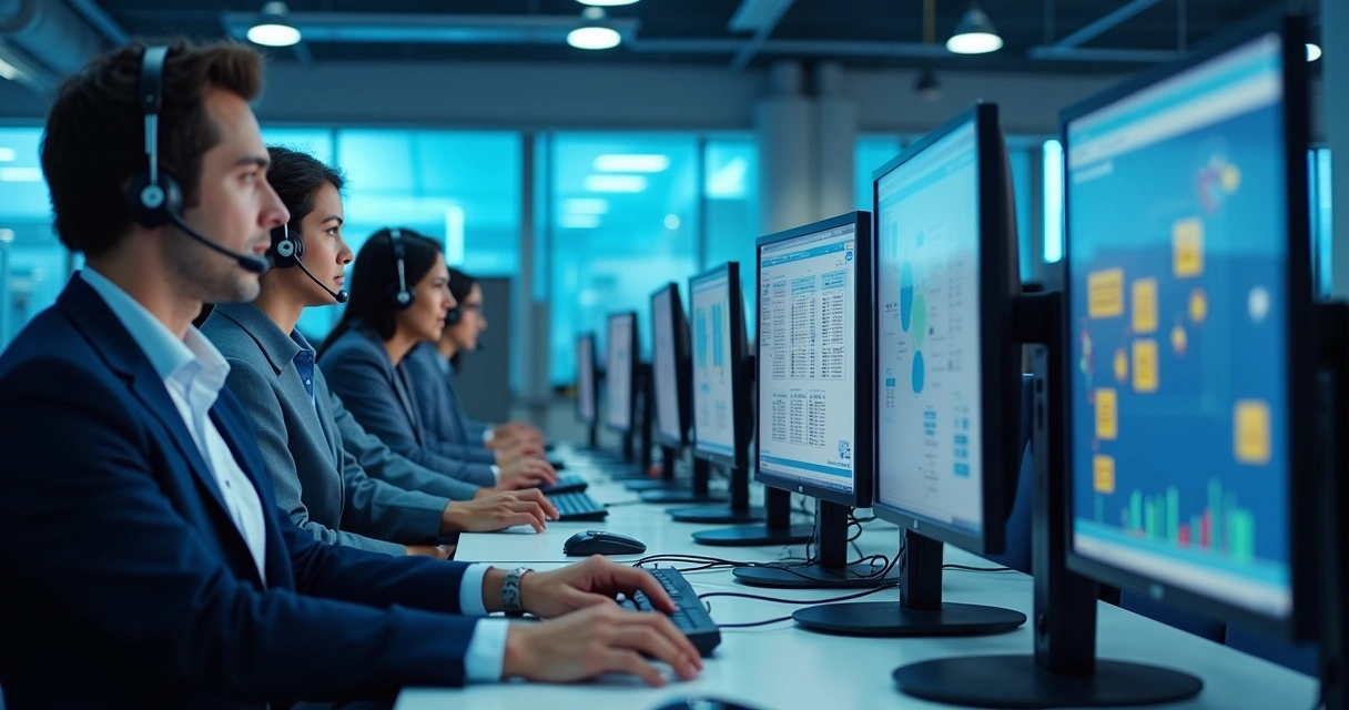 Central de atendimento mostrando equipes trabalhando com várias telas e fluxo organizado