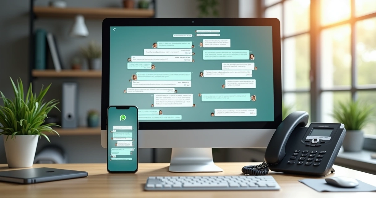 Mesa de trabalho com computador, smartphone mostrando chat do WhatsApp e telefone fixo ao lado, simbolizando atendimento integrado