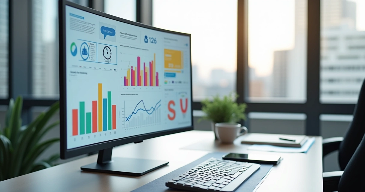 Tela de computador exibindo painel de métricas de atendimento com gráficos e inteligência artificial