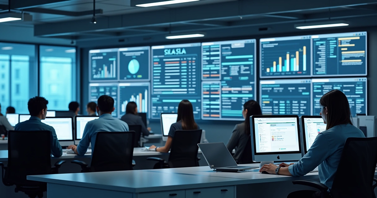 Central de atendimento condominial com equipe usando computadores e telas exibindo filas e estatísticas de SLA