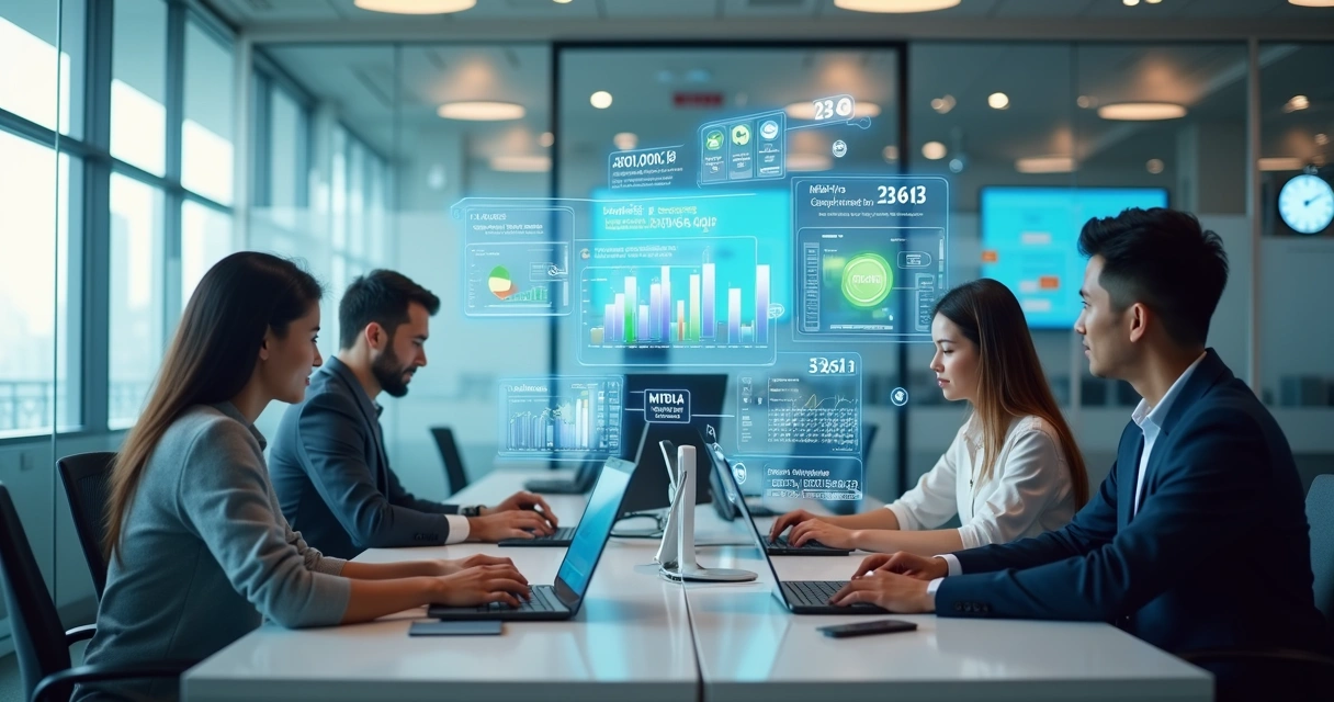 Central de atendimento condominial com equipe usando computadores e celulares mostrando gráficos de SLA no WhatsApp