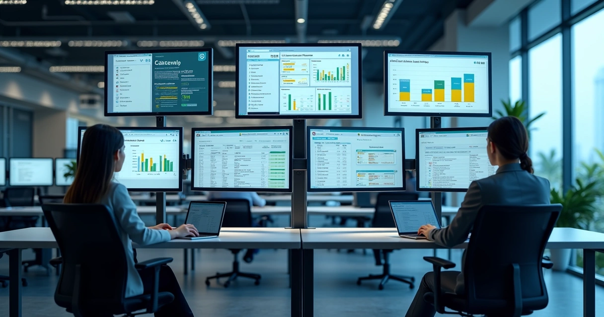 Central de atendimento digital organizada com telas mostrando perfis variados de condomínios e SLAs personalizados