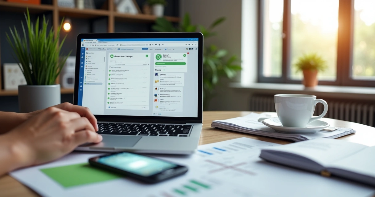 Pessoa usando laptop mostrando interface digital de atendimento imobiliário ao cliente