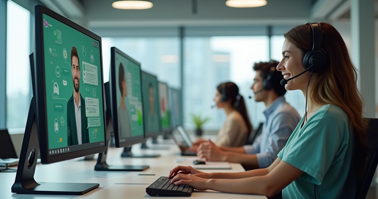 Equipe de atendimento ao cliente em ambiente moderno, com telas mostrando chat de mensagens e interação humana aliada à tecnologia