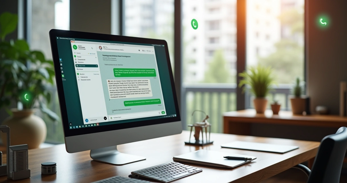 Atendimento personalizado via IA mostrando tela de computador com chat de WhatsApp para síndicos e moradores em ambiente de escritório moderno