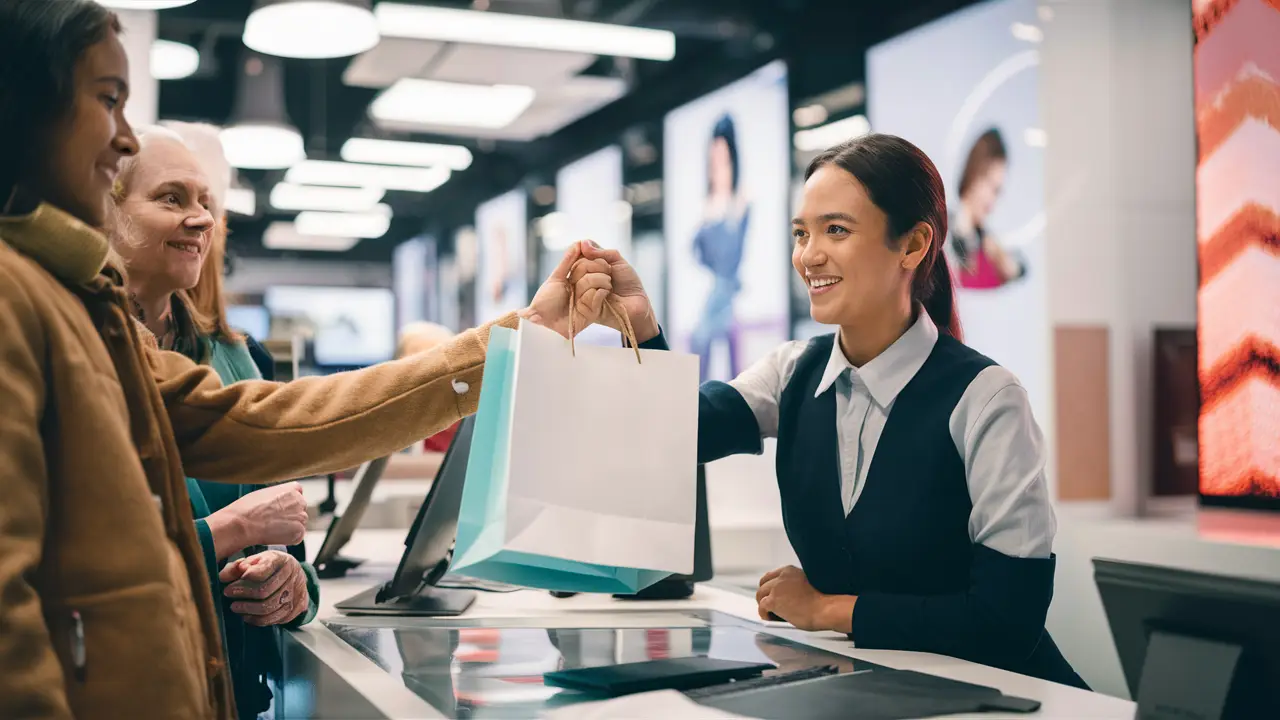 Funcionário de atendimento entrega sacola a cliente satisfeito em balcão moderno com displays de produtos e telas digitais.