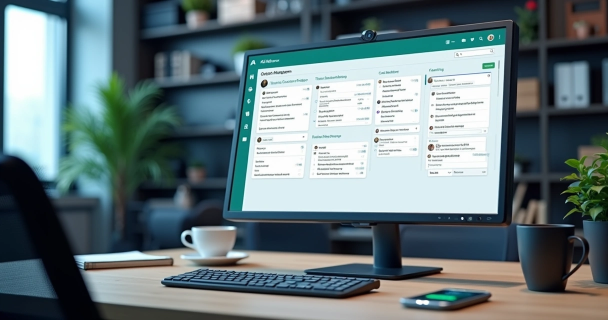 Mesa de trabalho com tela de computador mostrando sistema de gestão de tickets organizado e múltiplas conversas de atendimento via WhatsApp