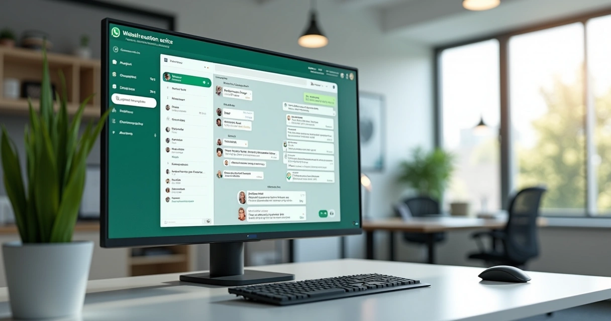 Tela de computador mostrando painel de atendimento via WhatsApp com organização de filas e chats ativos