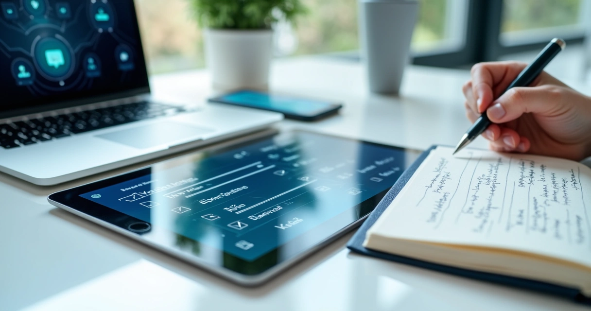 Mesa de trabalho com checklist digital aberto em um tablet, notebook e caneta ao lado, com gráficos e ícones de tecnologia ao fundo