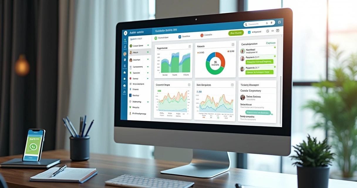 Tela de computador mostrando sistema de auditoria de históricos de atendimento condominial com gráficos e registros detalhados