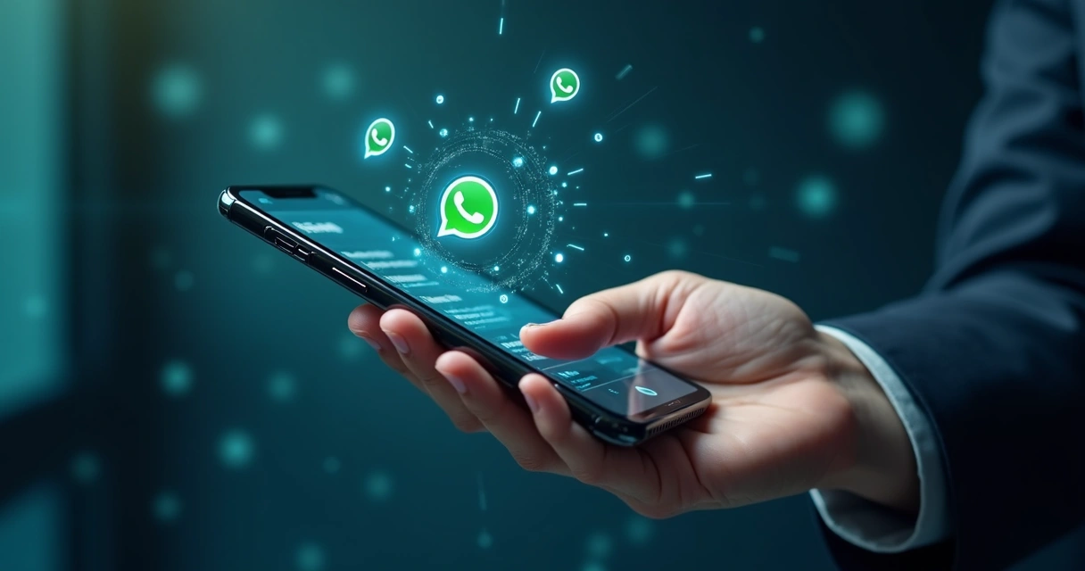 Interface digital mostrando chatbot de IA respondendo mensagens no WhatsApp em um smartphone moderno