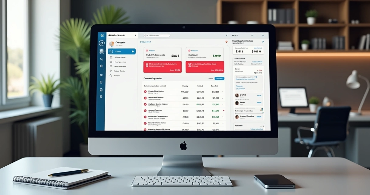 Tela de computador exibindo software de automação de boletos com alertas de erros no sistema