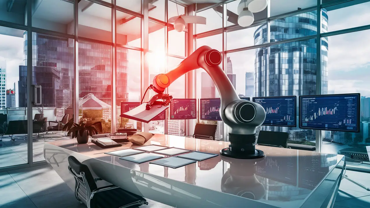 Braço robótico processando documentos em mesa de escritório imobiliário, com monitores exibindo gráficos financeiros.