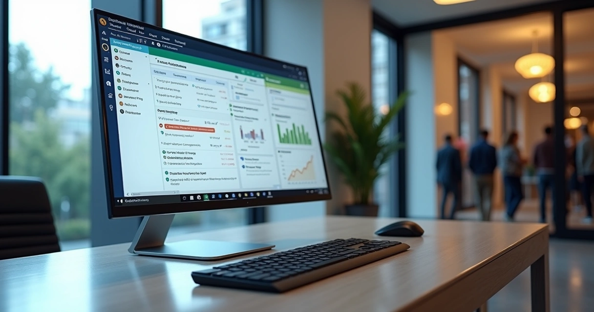 Tela de computador mostrando sistema de automação com filas de atendimento para condomínios