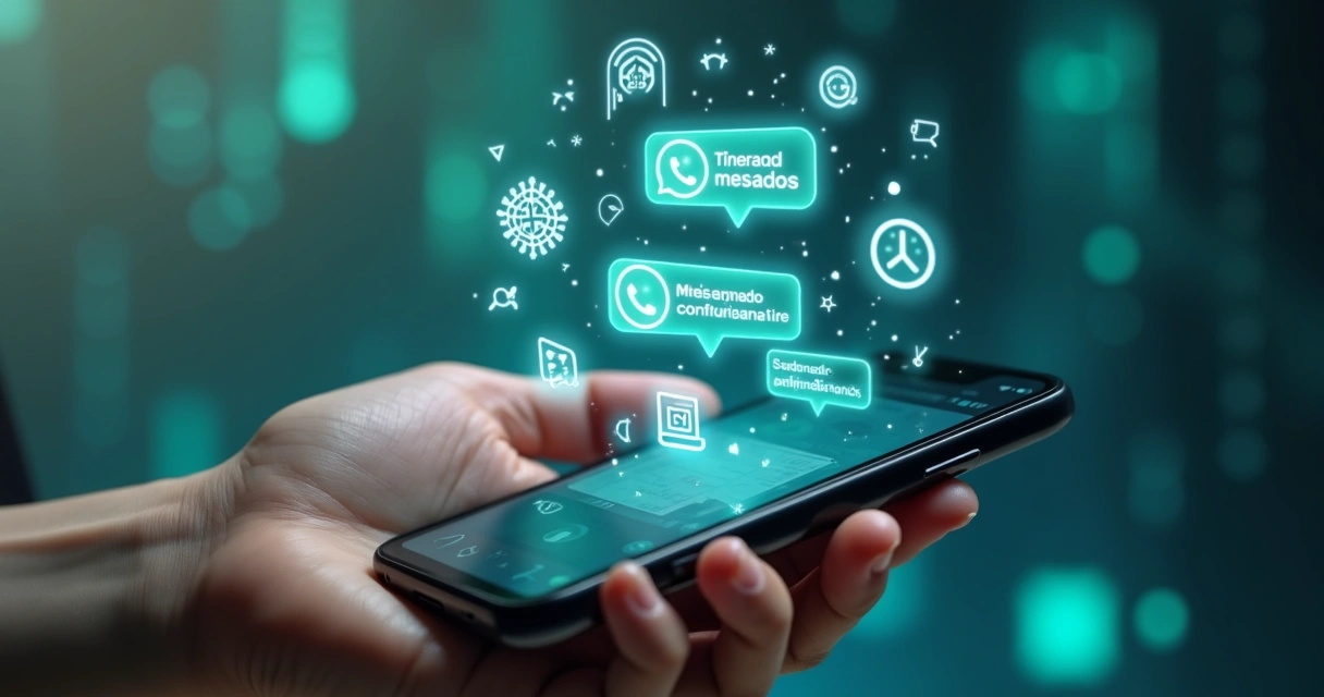 Tela de smartphone exibindo interface de mensagens automatizadas no WhatsApp com ícones de inteligência artificial e notificações organizadas