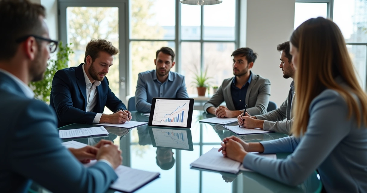 Pessoas em reunião profissional avaliando checklist em tablet com gráficos na mesa de vidro
