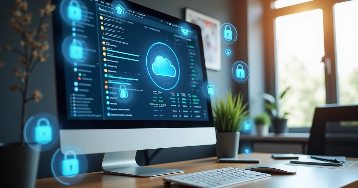 Computador com tela mostrando backup de dados e ícones de nuvem e segurança ao redor