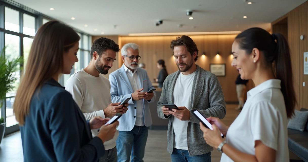 Moradores acessando canal de denúncias digital em condomínio moderno
