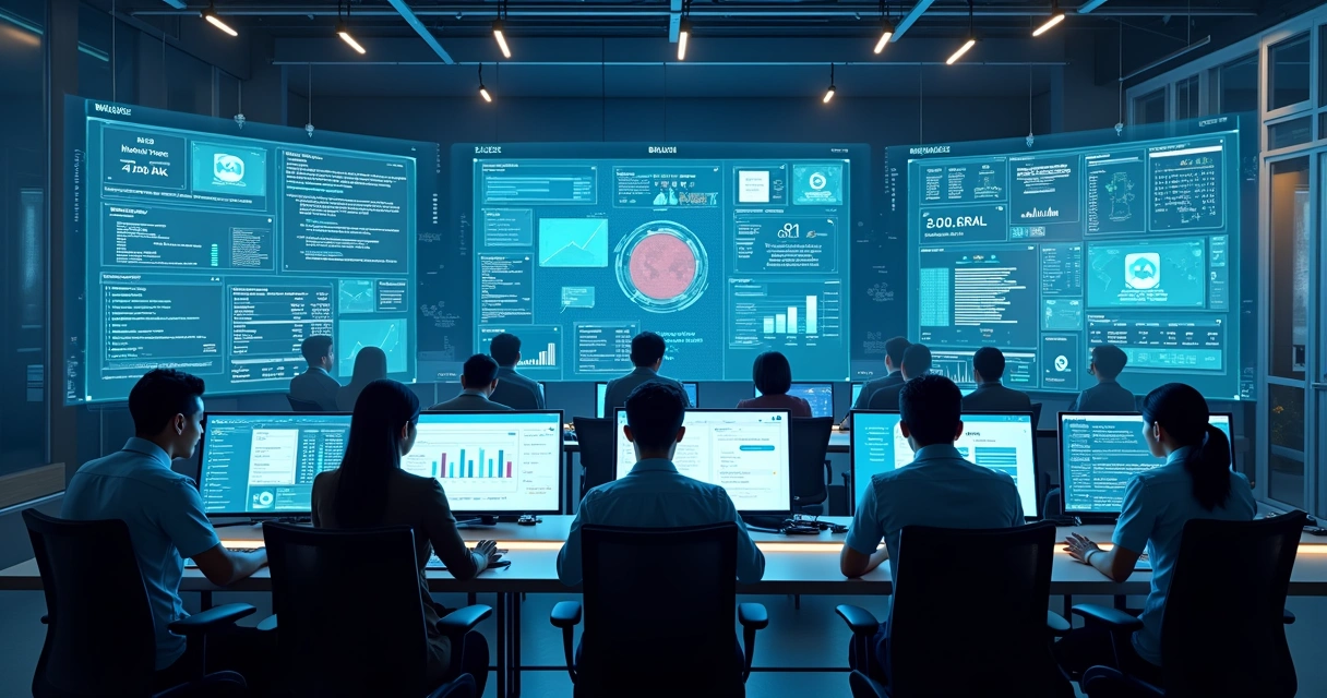 Central de atendimento com múltiplas telas mostrando gráficos de SLA e inteligência artificial operando.