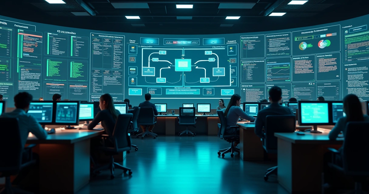 Central de atendimento moderna exibindo painel digital com filas de chamados e fluxo automático de escalonamento