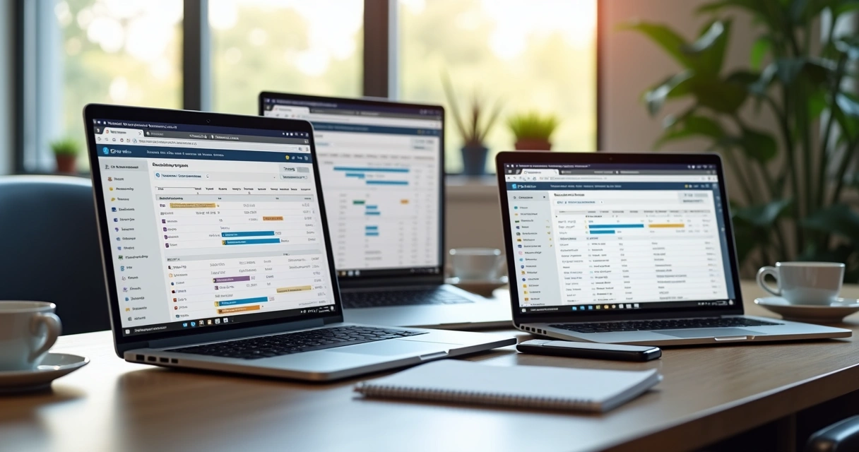 Mesa de reunião virtual com várias janelas abertas de videoconferência, laptops e smartphones exibindo calendários digitais sincronizados, ambiente iluminado e organizado