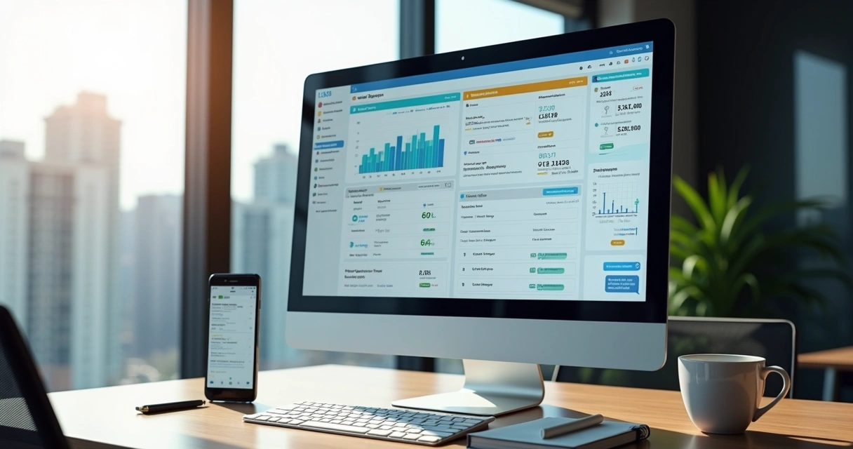 Computador com tela exibindo sistema de atendimento centralizado para condomínios, com várias janelas organizadas e gráficos