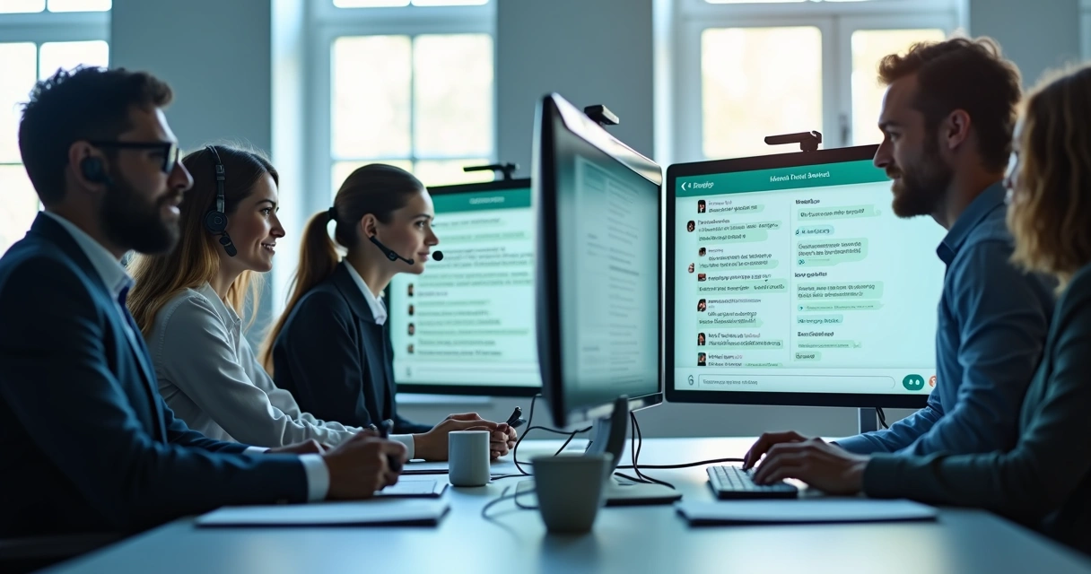 Equipe de atendimento concentrada em computadores com interface de WhatsApp na tela, ambiente de escritório moderno e organizado