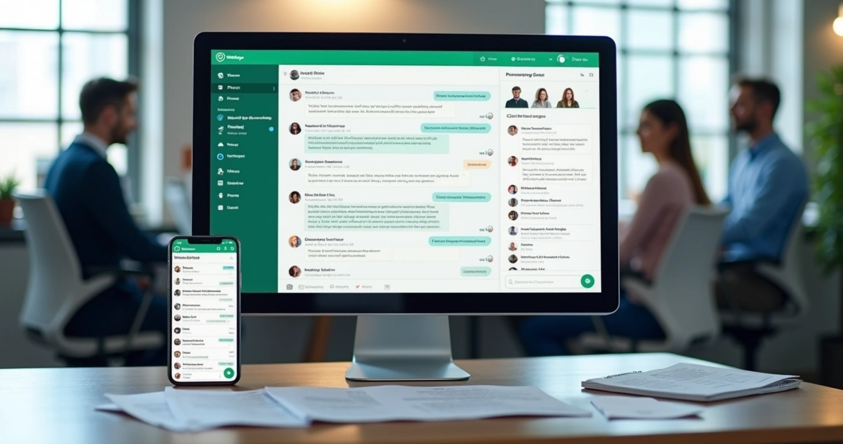 Centralização de atendimento digital via WhatsApp em tela de computador com gráficos e fila organizada