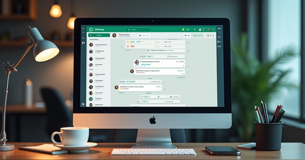 Centralização de atendimentos em uma tela de computador com ícones de WhatsApp e listas organizadas de mensagens e tarefas