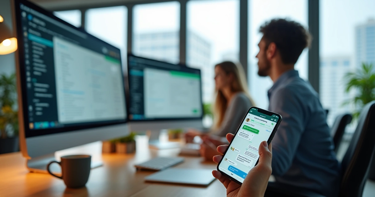 Centralização de atendimentos de manutenção com equipe usando computadores e smartphone com mensagens de WhatsApp na tela