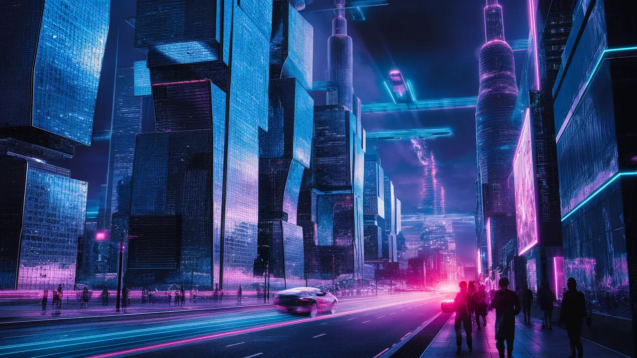 Arranha-céus futuristas de vidro e metal iluminados por luzes neon azuis e roxas com carros voadores no céu.