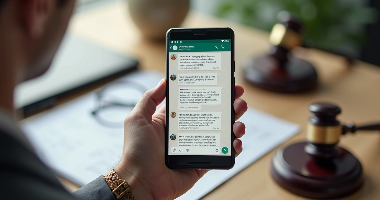 Pessoa segurando celular com tela mostrando conversa de WhatsApp sobre citação judicial