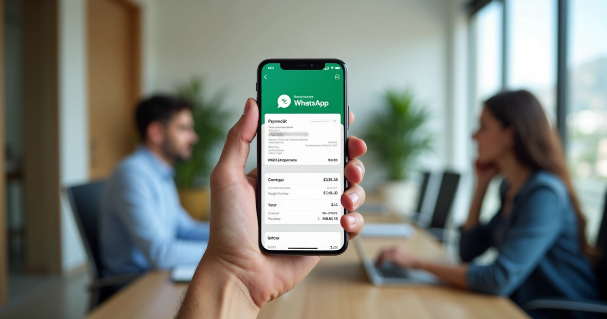 Tela de smartphone exibindo boleto digital enviado por WhatsApp para morador de condomínio, com fundo desfocado mostrando equipe administrativa trabalhando em escritório moderno