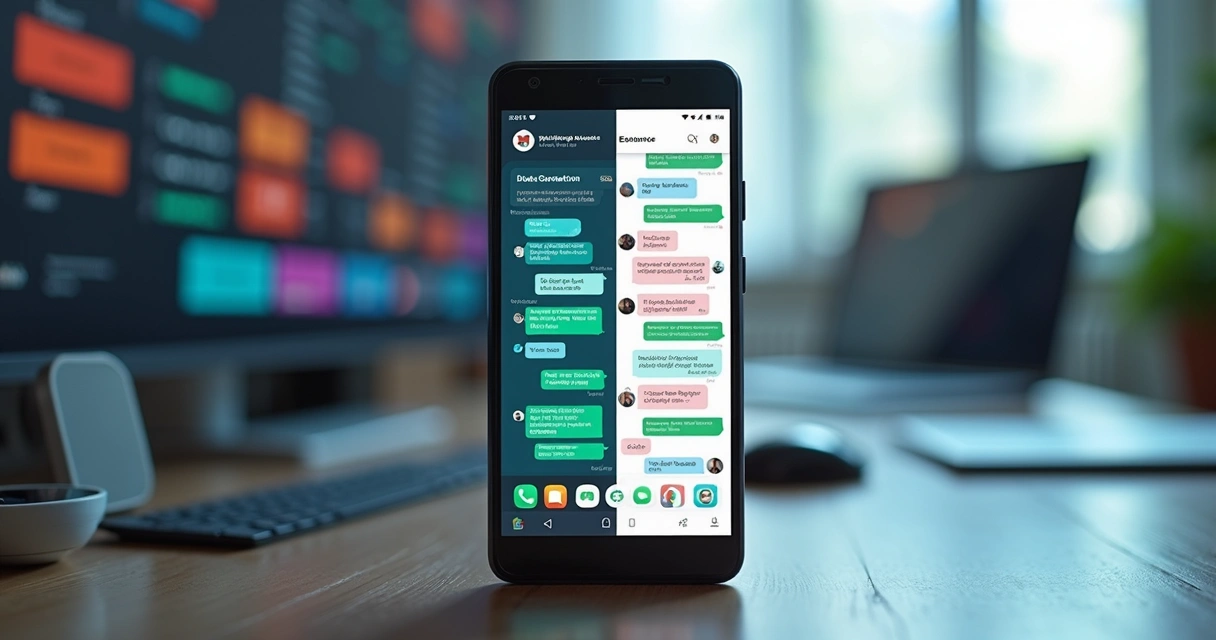 Dispositivo móvel exibindo tela dividida com vários aplicativos de mensagens e WhatsApp centralizado ao lado