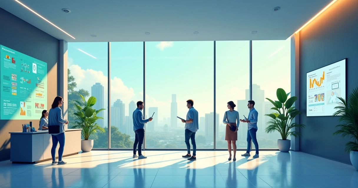 Ilustração de um condomínio moderno com recepcionista e sistema digital de atendimento ao cliente, moradores felizes.