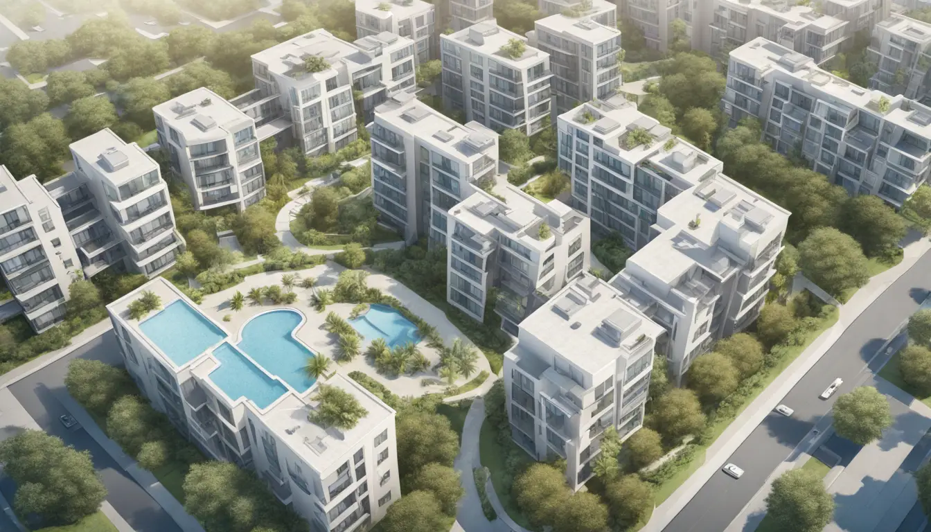 Vista aérea de condomínio com jardins verdes e piscina central, cercado por edifícios modernos de fachada cinza-claro.