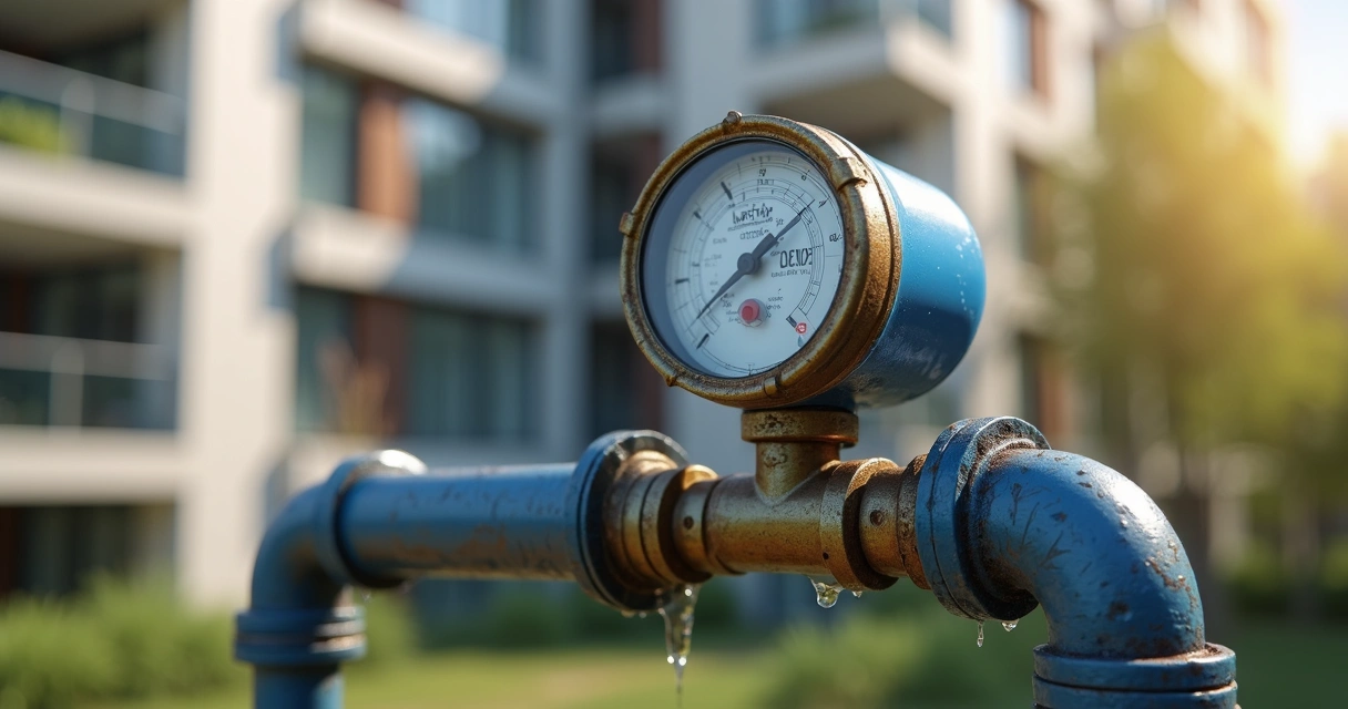 Vista frontal de hidrômetro instalado em condomínio, medindo consumo de água com prédio residencial ao fundo