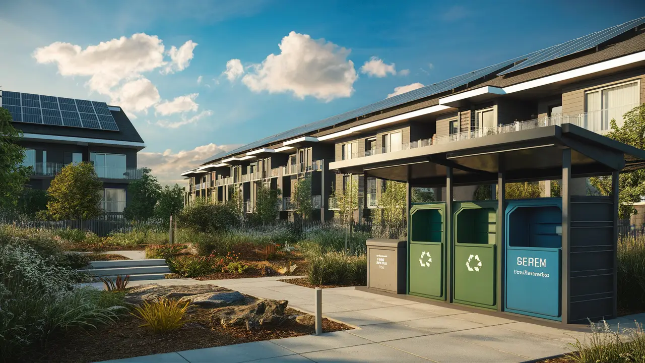 Condomínio moderno com painéis solares, jardim comunitário e estação de reciclagem sob céu azul.