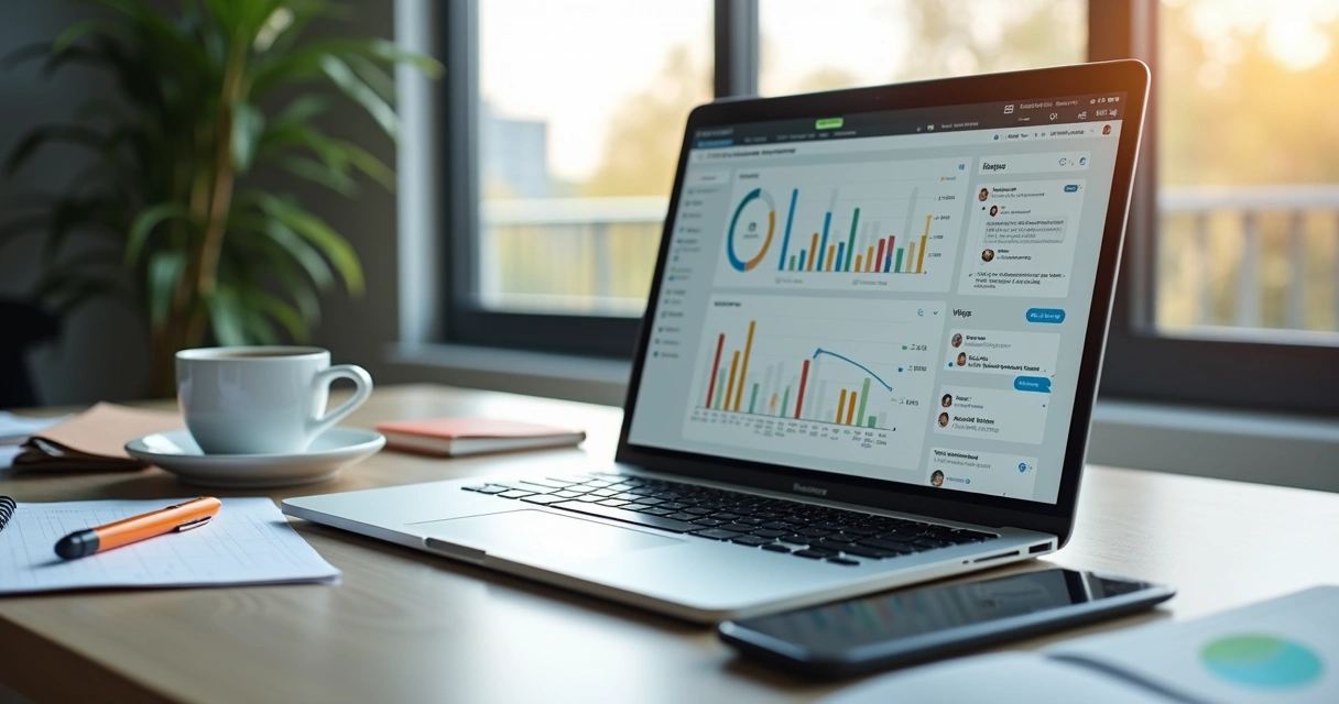 Mesa de escritório com laptop aberto mostrando dashboard de atendimento, anotações e smartphone ao lado com conversa de WhatsApp