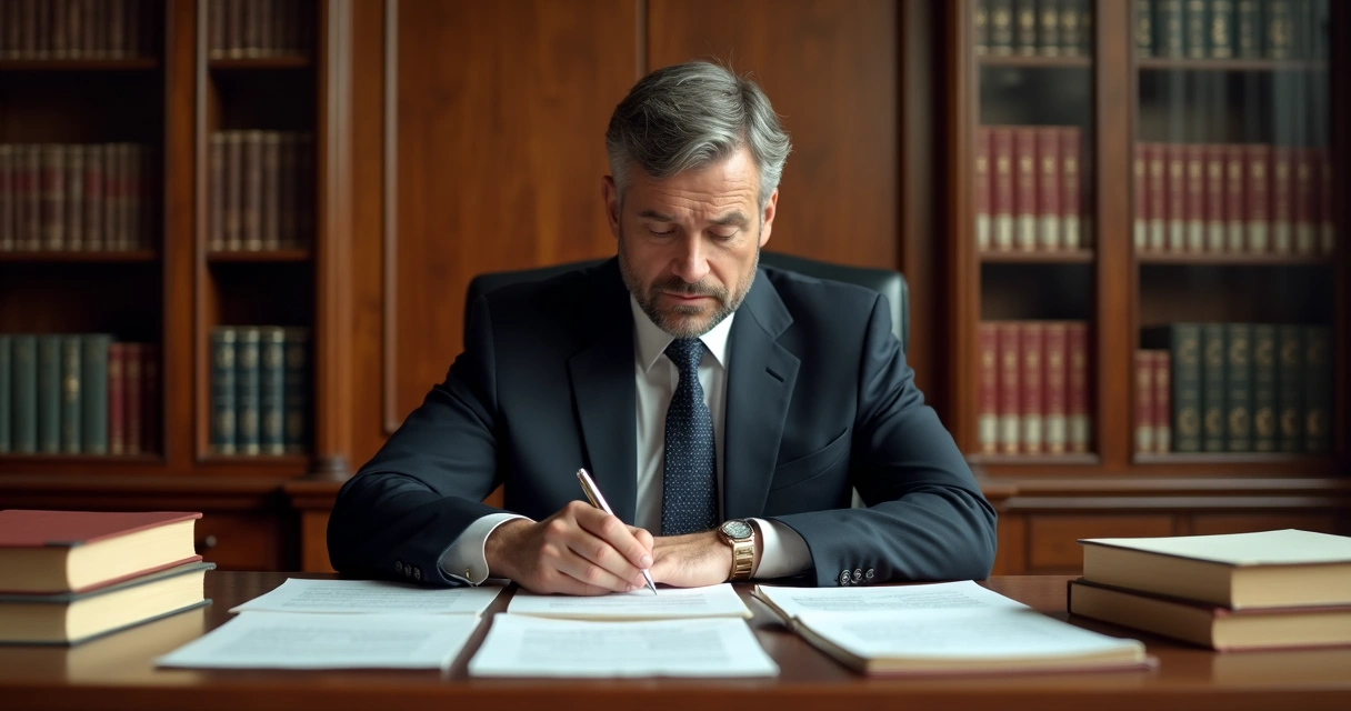 Ministro do STJ tomando decisão judicial com documentos legais sobre mesa