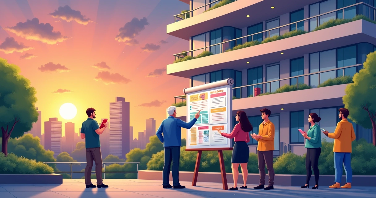 Ilustração de síndico diante de um painel de avisos em um condomínio, com moradores ao fundo e um pôr do sol vibrante.