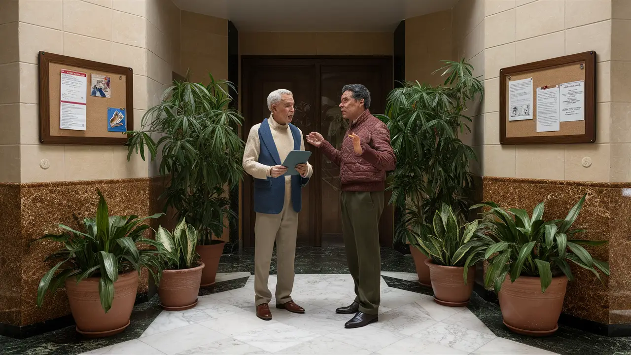 Dois indivíduos discutindo em um lobby residencial, com plantas em vasos e quadro de avisos nas paredes bege.