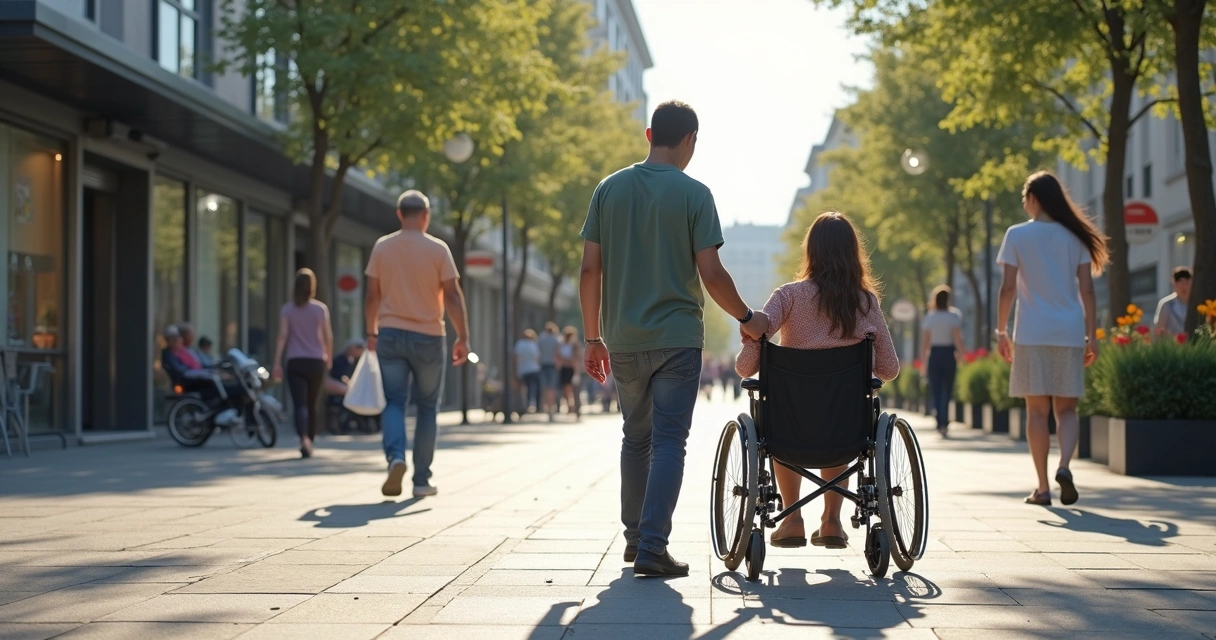 Mulher em cadeira de rodas com assistência em ambiente urbano acessível, com rampas e sinalização tátil